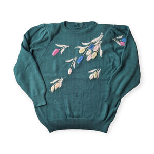Pastel Mint Teal Green Knitted Embroidered Vintage Cottagecore Sweater
